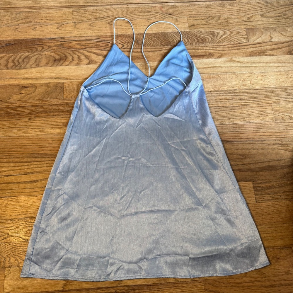 Urban Outfitters Blue Satin Crinkle Mini Slip Dress Strappy Back Size Medium‎ - Picture 7 of 7